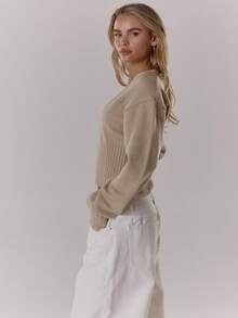 MUSERA Áo len cổ chữ V sâu, khóa kéo, chất liệu gân, ôm sát eo, gợi cảm, thích hợp đi chơi đêm, mùa đông, phong cách đường phố, dự tiệc tối, thanh lịch, mùa xuân. - Kem - Xem 4