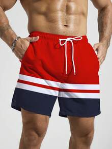 Manfinity Swimmode Men's Contrast Color Drawstring Beach Shorts, Casual Holiday Men's Red Streetwear Swim Shorts Fourth Of July Men Swimsuit Men's Red White And Blue Swim Trunks - Red - View 4