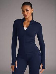 SHEIN BAE Chaqueta Deportiva Con Cierre De Cremallera, Cuello De Pie Y Color Sólido - Azul - Ver 5