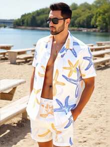 CoralVoy 男士海星印花短袖衬衫和短裤沙滩套装 - 白色 - 查看 3