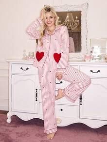 SweetSlumber Bộ đồ ngủ nữ kẻ sọc ngọt ngào hình trái tim, cổ áo xếp ly bồng bềnh. - Nhiều màu - Xem 3