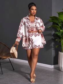 Veslaya Women's Plus Size White Boho 2-Piece Set,Summer Holiday Vacation Loose Long Sleeve Shirt Cardigan,Fitted Cropped Camisole Top&Shorts Outfits For Party - Multicolor - View 2