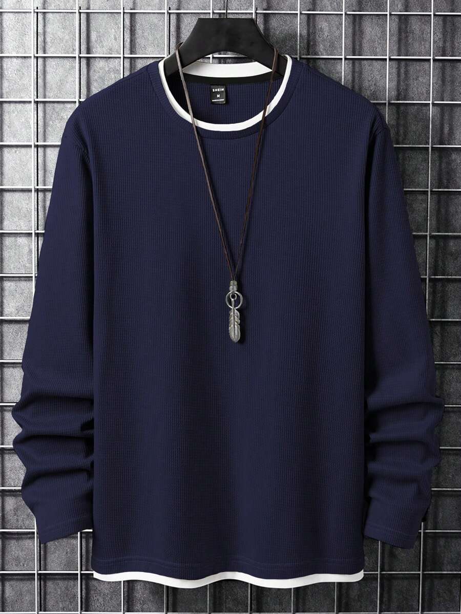 Manfinity Homme 男士休闲宽松撞色圆领长袖T恤 - 藏蓝色 - 查看 1