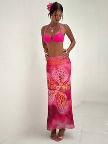 Aloruh 女士春季新款优雅印花弹力网纱半身裙，浪漫粉色大碎花鱼尾长裙，情人节，粉色半身裙 - 粉色 - 查看 5