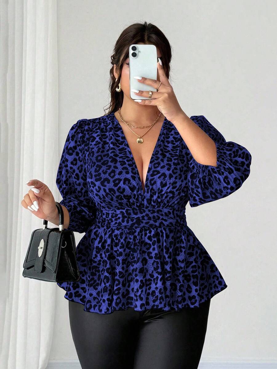 Elenzga Plus Size Women's Deep V-Neck Leopard Print Ruffle Hem Cinched Waist Lantern Sleeve Blouse, Fashionable For Vacation - Blue - View 1
