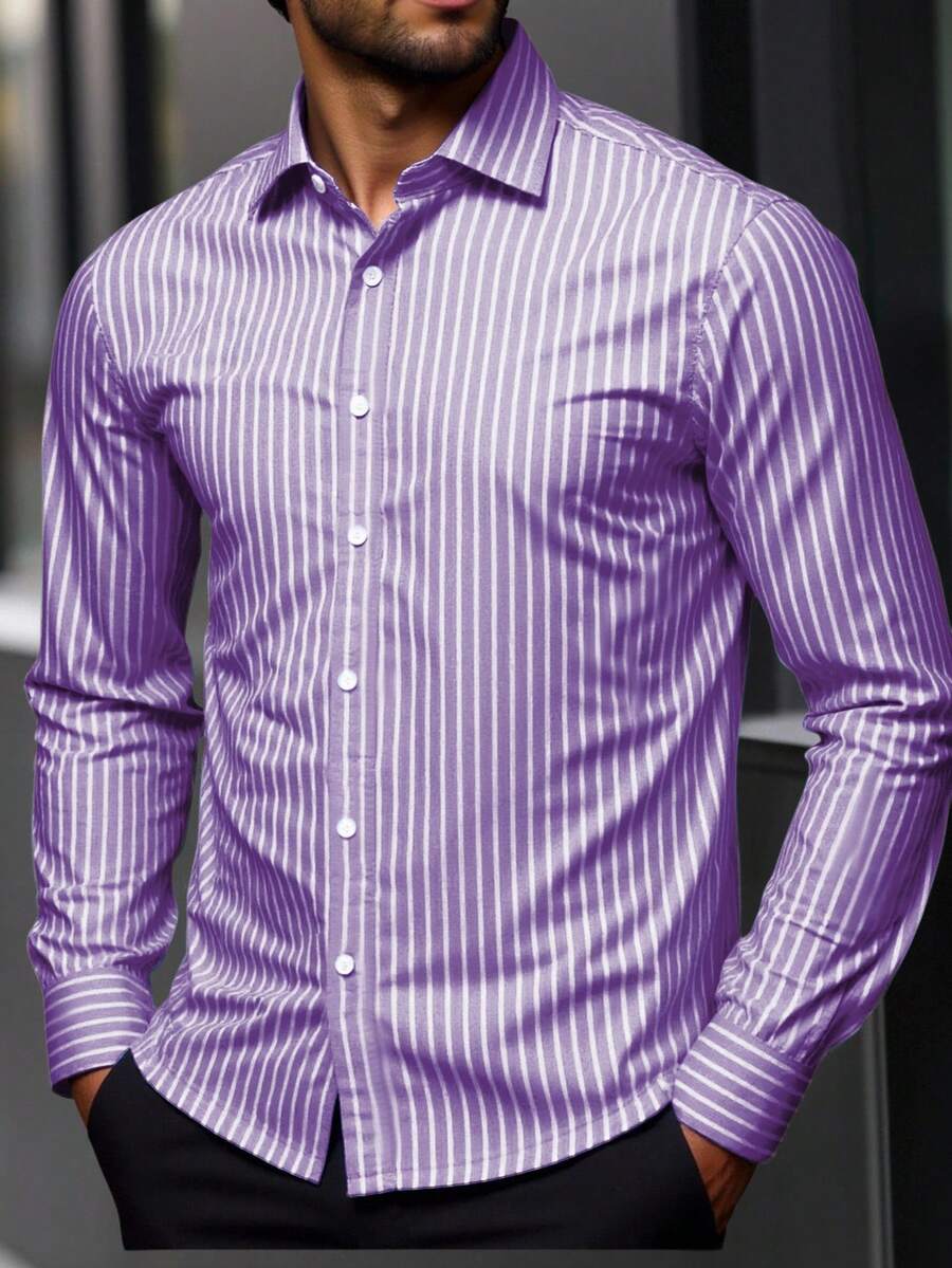 Manfinity Homme Plus Size Men's Striped Print Button-Front Casual Long Sleeve Shirt - Mauve Purple - View 1