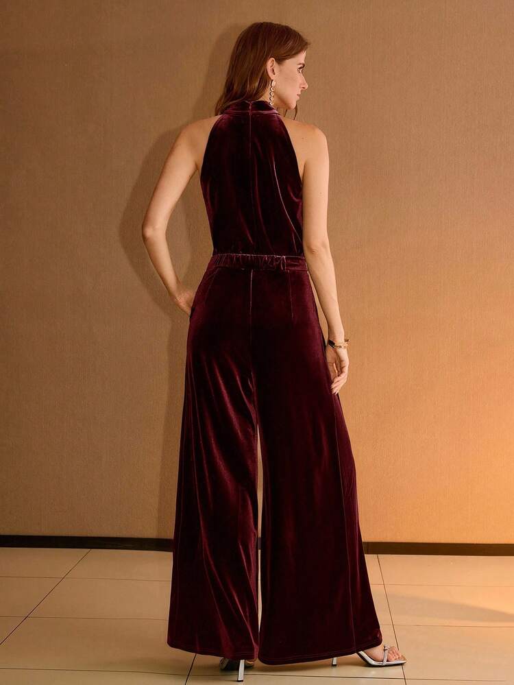 VELVET HALTER NECK WIDE LEG JUMPSUIT