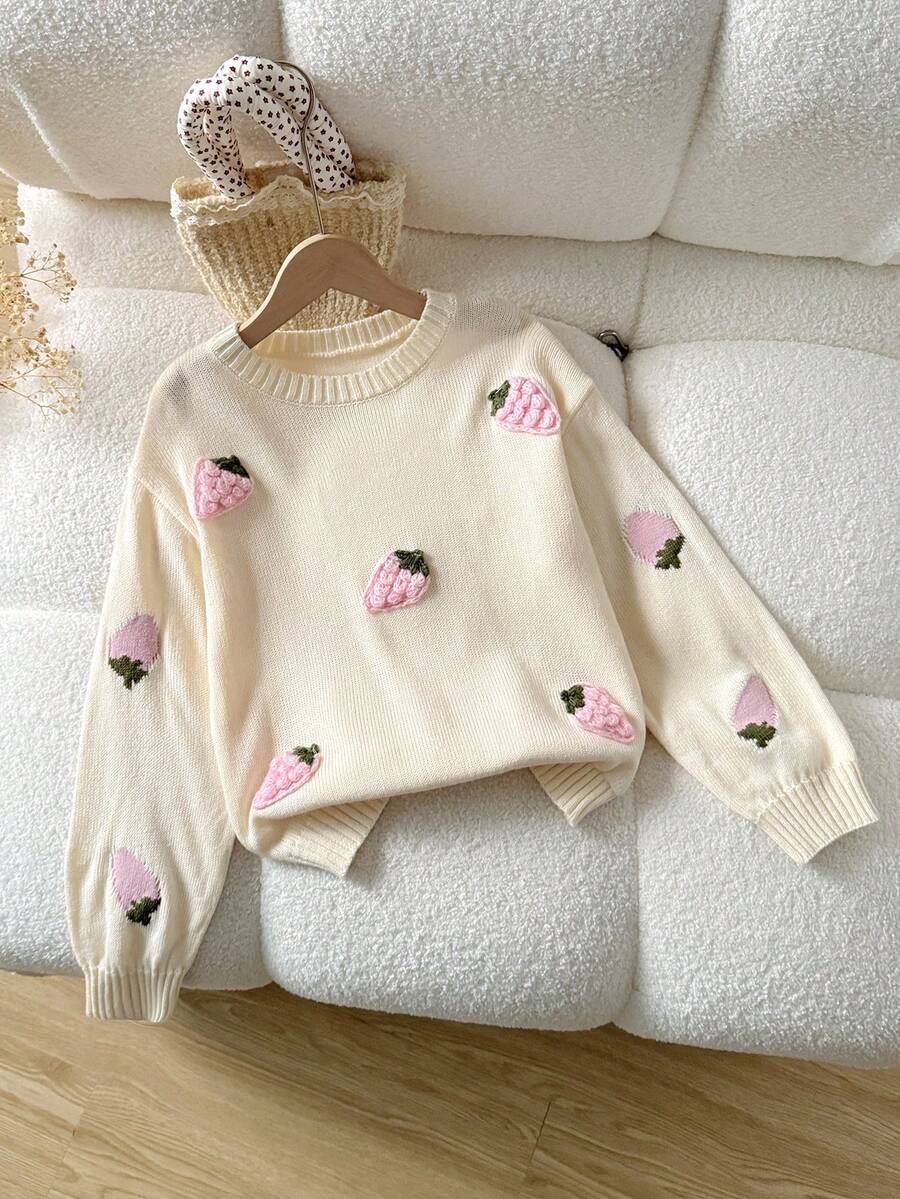 SHEIN LMoss Kids 少女休闲时尚法式提花针织套头毛衣，适合周末、休闲外出、返校、圣诞节、新年等场合。 - 杏色 - 查看 1