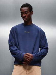 PLAYBOY X SUMWON Crop Fit Navy Crew Neck Pullover Sweatshirt With Vintage Logo And Pin-Up Design Classic Comfort Long Sleeve Top - Navy Blue - View 2