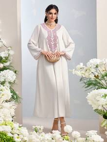 Al Najma Vestido holgado de estilo árabe con mangas acampanadas y bordado de perlas falsas para mujer - Albaricoque - Ver 7