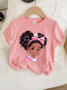 3pcs Young Girl Cartoon Pattern Solid Color Round Neck Short Sleeve T-Shirt, Casual Summer Girl Graphic Tees 4t Princess Shirts - Multicolor - View 4