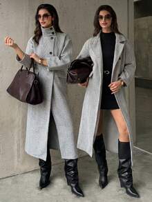 Firerie Women's Elegant Minimalist Commuter Urban Chic New Arrival Casual Stand Collar Button Herringbone Wool Blend Long Coat, Autumn/Winter - Grey - View 1