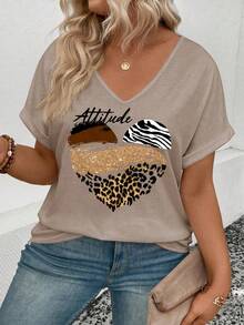 EMERY ROSE New Arrival Spring/Summer Bestselling Leopard Print Heart V-Neck Short Sleeve Plus Size Women T-Shirt - Khaki - View 4