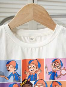 Blippi X SHEIN Áo thun ngắn tay cổ tròn in hình hoạt hình bé gái, thích hợp cho mùa hè. - trắng - Xem 5