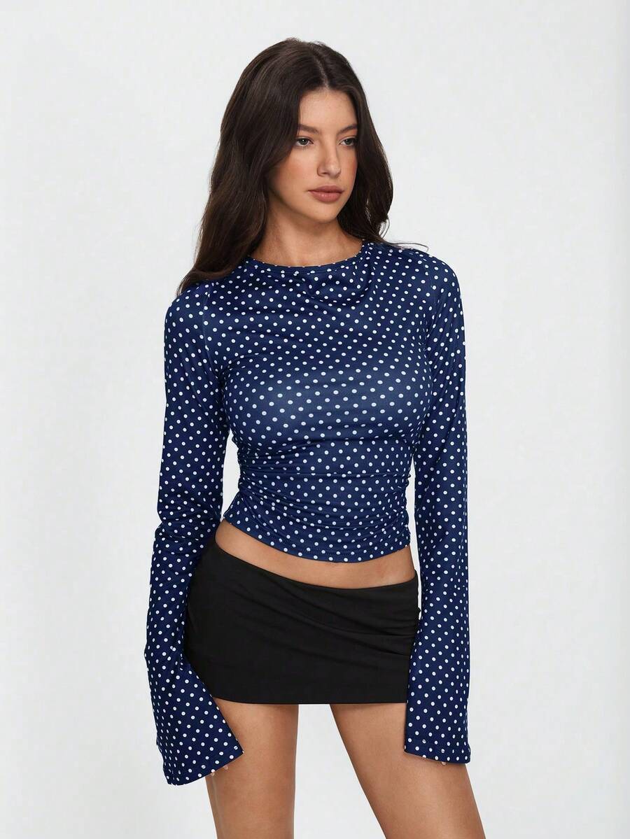 TRNVIE Fashionable Polka Dot Print Ruffle Flare Sleeve Long Sleeve T-Shirt - Navy Blue - View 1