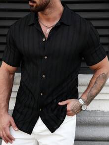 Manfinity CasualCool 男士休闲条纹 Polo 领衬衫 男士正装衬衫 短袖衬衫 男士黑色短袖衬衫 男士黑色短袖衬衫 男士黑色衬衫 - 黑色 - 查看 8