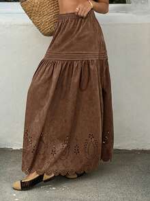 Livesso Fustă de damă cu tiv evazat, lejeră, casual, stil boem, pentru plajă, la modă, plisată, scobită în afară, jacquard, primăvară/vară - Maro - Vizualizare 2