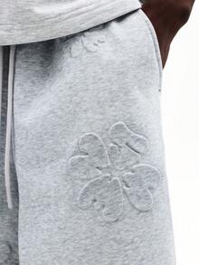 SUMWON Relaxed Fit Pull On Denim Jorts With Embossed Floral Design Wide Leg Knee Length Summer Casual Shorts - Grey - View 5