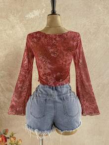 Soleia Women's Vacation Back To School Fall Floral Print V-Neck Long Sleeve Babydoll Vintage Tops, Bohemian Sheer Top Boho Blouses Vintage Tops Women Bohemian Top Boho Tops For Women - Multicolor - View 2