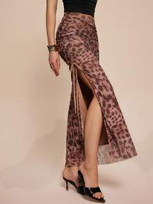 Women's Leopard Print Mesh Drawstring Slit Elegant Dress - Khaki - View 8