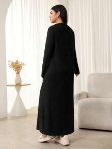 Al Najma Women's Elegant Long Sleeve Split Neck Dress In Brown, Soft Fleece Fabric, Suitable For Autumn - Black - View 2