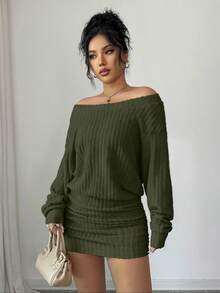 SHEIN PETITE 娇小女式休闲百搭露肩罗纹长袖短款修身连衣裙，适合秋冬季、感恩节、新年等场合。 - 軍綠色 - 查看 3