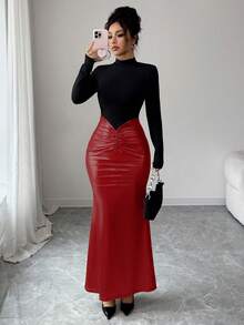 Elenzga Đầm dài ôm dáng cổ phối màu tương phản dành cho nữ - Màu Đỏ Sâu - Xem 7