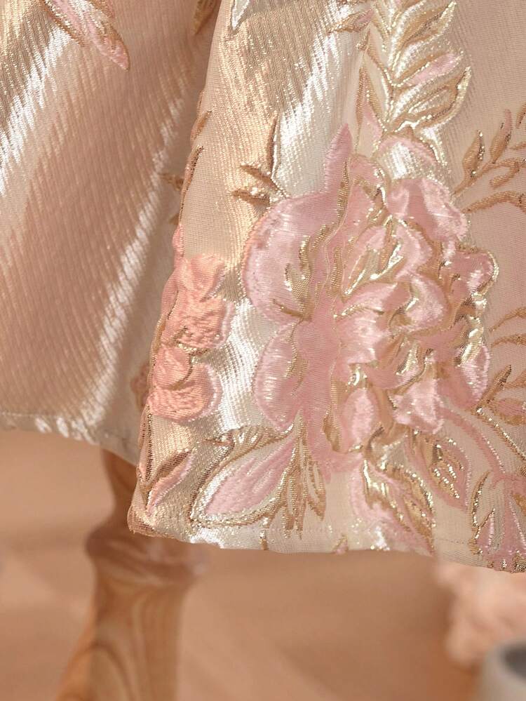 pink and gold jacquard dress SHEIN Baby Girl Summer Elegant Wedding Guest Brocade Floral Dress, One Shoulder Bow Decoration Princess Party Gown For Baby Girl Toddler collection-date-night color-yellow