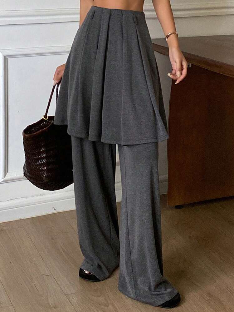 2pcs Women Casual Solid Color Pleated Skirt And Straight Leg Pants Set, Spring/Autumn