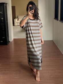 DAZY 条纹休闲宽松T恤连衣裙，长款女士家居服 - 灰色 - 查看 6