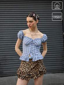 COUREZ Áo corset cài cúc phía trước kiểu kẻ caro / Áo hè cho nữ / Áo hè đi chơi, áo thường ngày / Áo cotton vintage phong cách Y2K - Nhiều màu - Xem 1