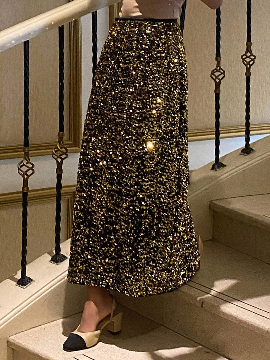 Livesso Chân váy đính sequin thời trang và thanh lịch dành cho các bữa tiệc và liên hoan. - Vàng - Xem 1
