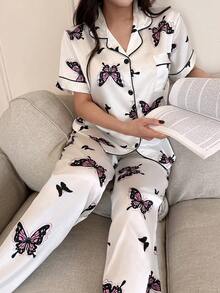 SHEIN 仿丝绸蝴蝶印花翻领短袖睡衣套装 - 白色 - 查看 6