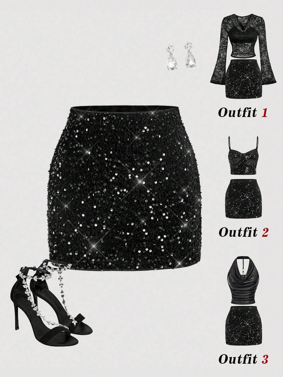SHEIN MOD Minifalda de fiesta con lentejuelas de moda para mujer, falda de lentejuelas, falda negra, falda de lujo para eventos de noche, playa, primavera/verano, disfraz sexy para mujer, primavera, San Valentín, fiesta, playa, vacaciones de verano, falda con brillo - Negro - Ver 1