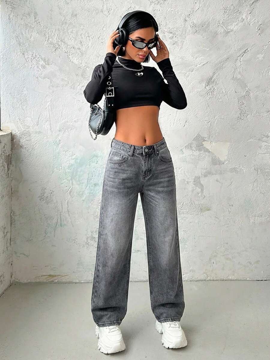 EURMUSE JEANS DROITS TAILLE BASSE POUR FEMMES - Gris - Voir 1