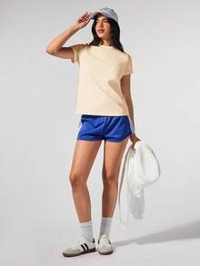 SHEIN BASICS 夏季运动纯色圆领短袖T恤 - 杏色 - 查看 6