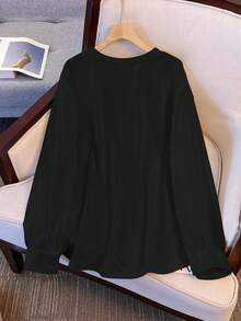 大码纯色圆领休闲卫衣 - 黑色 - 查看 2