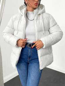 Women's Solid Color Long Sleeve Zipper Front Casual Drawstring Hooded Winter Jacket - Cream - View 8