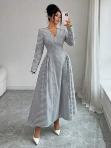 Modelyn Women's Striped Button Design V-Neck Long Sleeve Casual Dress - Grey - View 6