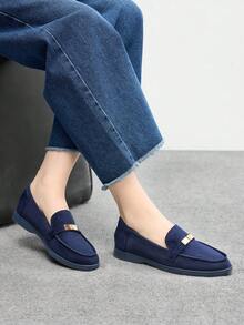 CUCCOO BIZCHIC 女士时尚蓝色绒面革金属扣舒适休闲乐福鞋，适合通勤、户外活动、购物、工作、日常穿着 - 藍色 - 查看 2