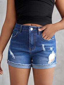 Tween Girls Elastic Distressed Roll Up Hem Straight Leg Denim Shorts - Dark Wash - View 3