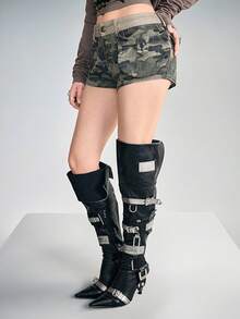 ROMWE Grunge Punk Grunge做旧迷彩PU工装口袋超低腰迷你牛仔短裤 - 軍綠色 - 查看 6