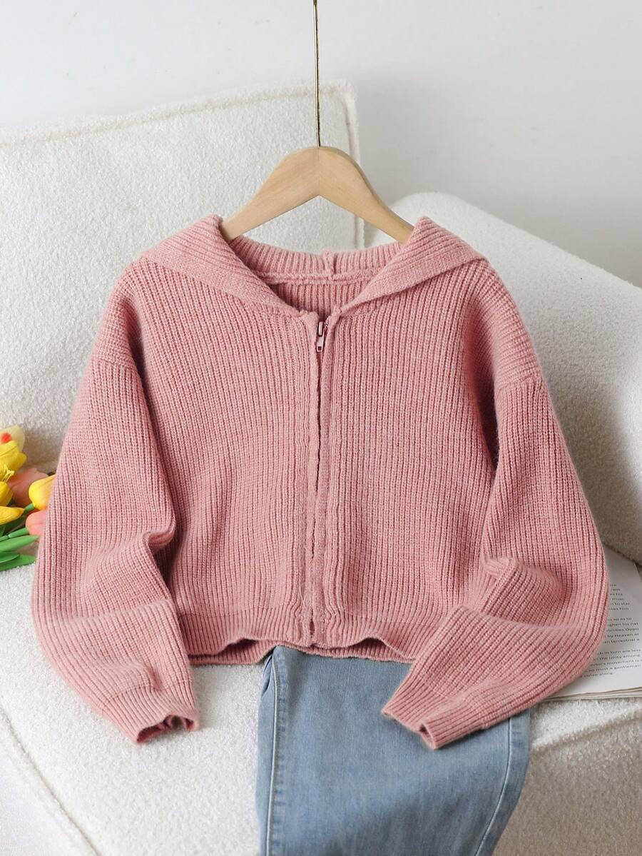 SHEIN Genkimix Kids 少女休闲纯色短款开衫,卡其色,柔软舒适,适合日常、户外、旅行、度假、居家、托儿所穿着。 - 粉色 - 查看 1