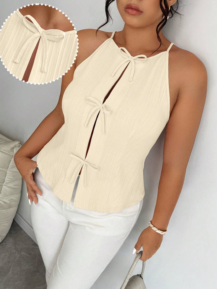 Elenzga Plus Size Women Solid Color Bow Decor Fashion Halter Neck Tank Top - Apricot - View 1