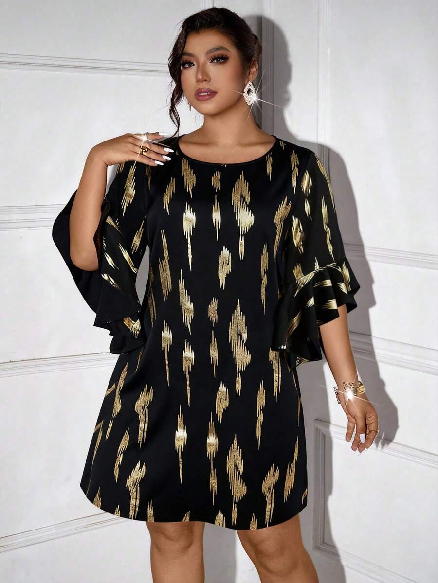 Cravure Váy midi tay lỡ họa tiết lá vàng tối giản cho nữ cỡ lớn - màu đen - Xem 1
