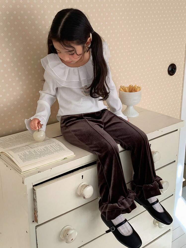 Young Girls Velvet Korean Style Casual Flared Ruffle Hem Pants, Autumn/Winter