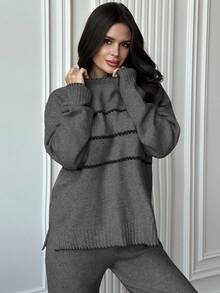 Firerie 女士休闲宽松撞色针织套装，长袖圆领上衣和长裤，适合春、秋、冬季穿着，撞色滚边针织套装，春、秋、冬装，通勤、优雅、休闲日常、工作服 - 灰色 - 查看 8