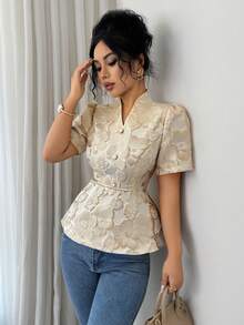 Elenzga Đầm dự tiệc thanh lịch, tối giản, đa năng dành cho nữ, thiết kế vải hoa tinh tế, tay ngắn, cổ tim màu vàng, thắt eo. - Màu be - Xem 7