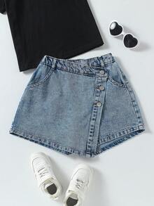 Shorts vaqueros de estilo Y2K para niñas, nueva llegada de primavera/verano, diseño de cintura oblicua, shorts vaqueros sueltos y casuales con decoración de botón delantero, shorts vaqueros versátiles y de moda, nuevo para el verano - Azul lavado medio - Ver 1