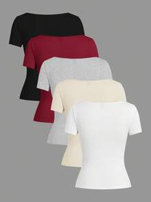 SHEIN EZwear 3件套女士休闲方领针织T恤，多色女士短袖上衣基础款上衣套装纯色T恤女士基础款上衣女士短袖上衣女士短袖上衣 - 彩色 - 查看 2